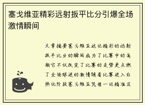 塞戈维亚精彩远射扳平比分引爆全场激情瞬间